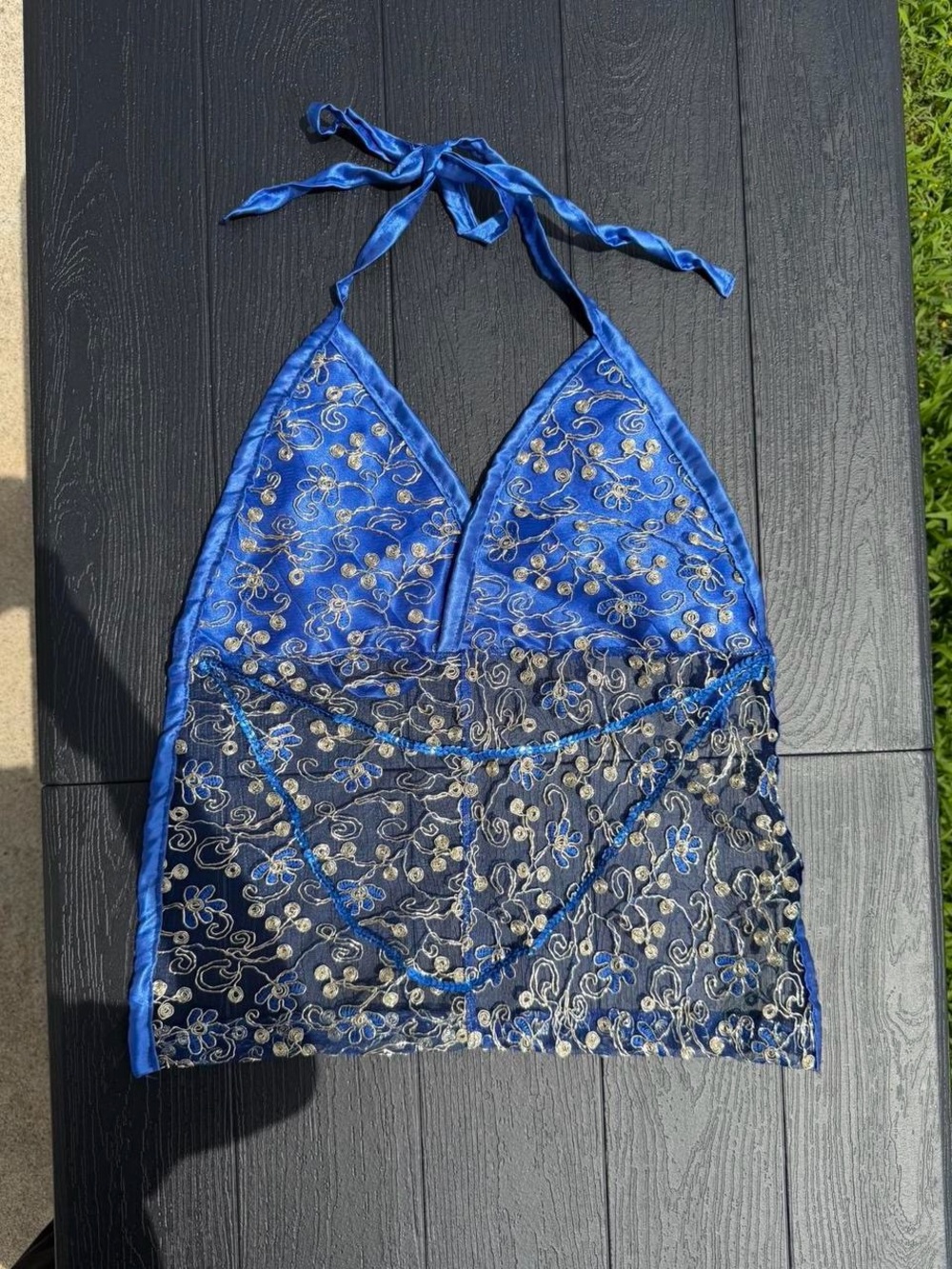 Handmade Blue backless halter neck tank top with floral embroidery